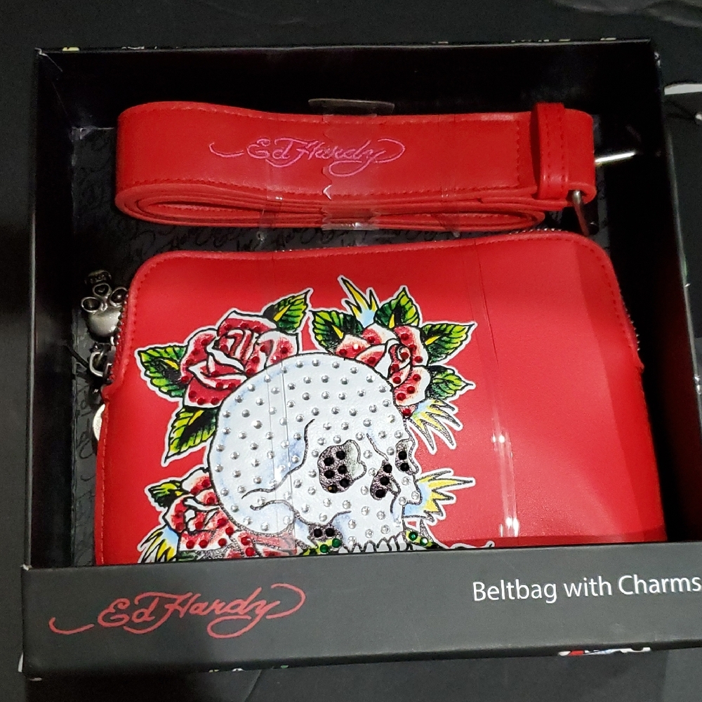 Ed hardy red iconic Ed Hardy studded skull and roses printed belt bag brand new - Picture 2 of 11